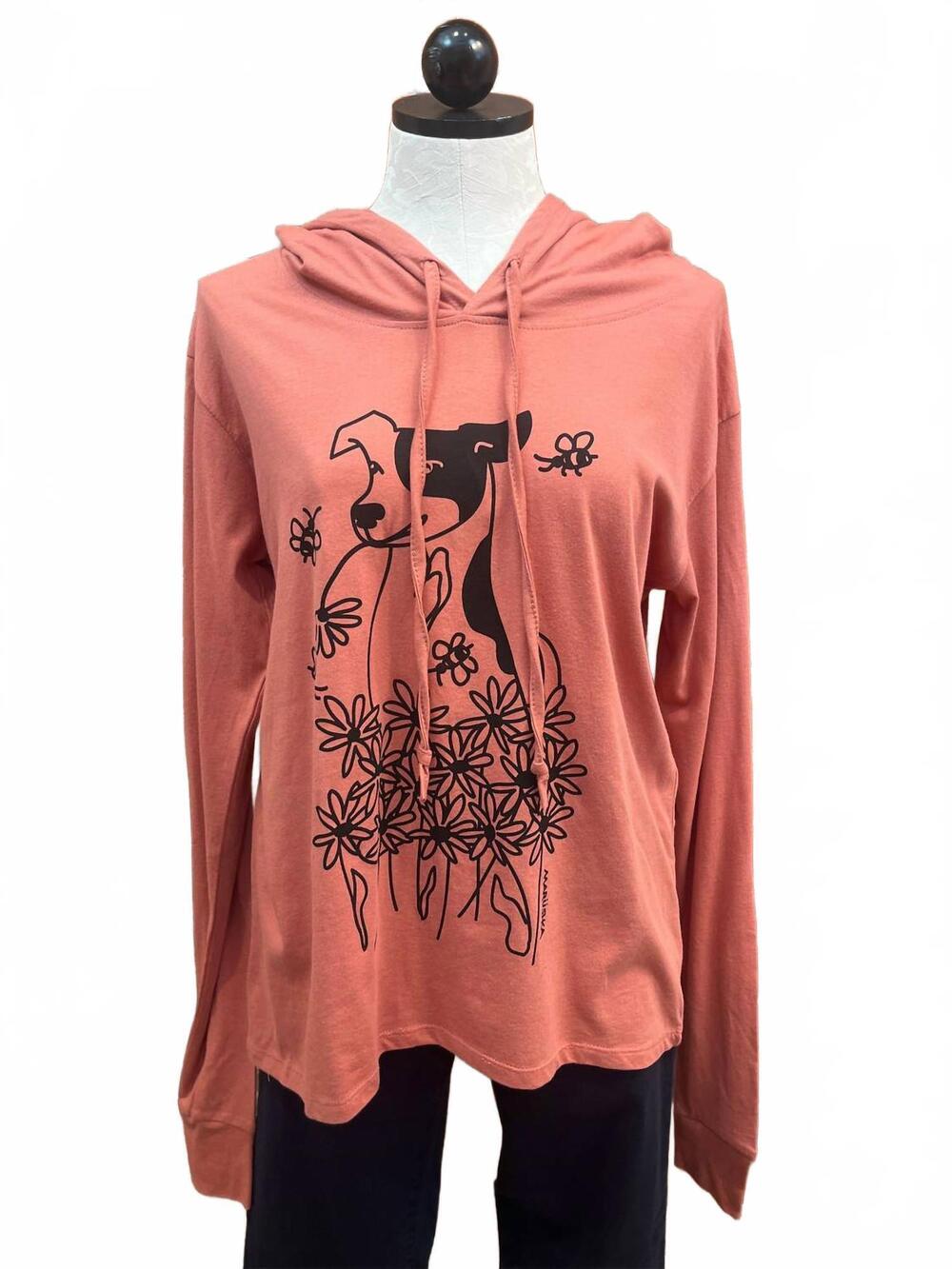 NEW MARUSHKA women's long sleeve t-shirt hoodie in black on dusty rose